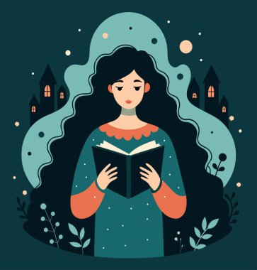 Genç bir kadın, çiçek, yaprak ve bitkileri çevreleyen açık bir kitap açıyor. Okula dönmek, kütüphane tasarımı. Vektör illüstrasyonu, poster ve afiş kitabı festivali konsepti