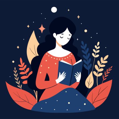 Genç bir kadın, çiçek, yaprak ve bitkileri çevreleyen açık bir kitap açıyor. Okula dönmek, kütüphane tasarımı. Vektör illüstrasyonu, poster ve afiş kitabı festivali konsepti