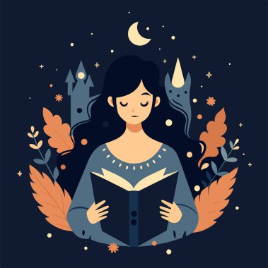 Genç bir kadın, çiçek, yaprak ve bitkileri çevreleyen açık bir kitap açıyor. Okula dönmek, kütüphane tasarımı. Vektör illüstrasyonu, poster ve afiş kitabı festivali konsepti