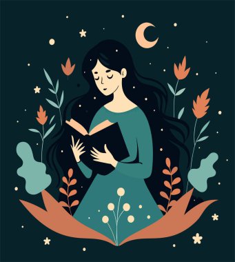 Genç bir kadın, çiçek, yaprak ve bitkileri çevreleyen açık bir kitap açıyor. Okula dönmek, kütüphane tasarımı. Vektör illüstrasyonu, poster ve afiş kitabı festivali konsepti