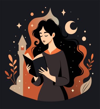 Genç bir kadın, çiçek, yaprak ve bitkileri çevreleyen açık bir kitap açıyor. Okula dönmek, kütüphane tasarımı. Vektör illüstrasyonu, poster ve afiş kitabı festivali konsepti