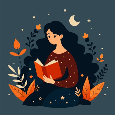 Genç bir kadın, çiçek, yaprak ve bitkileri çevreleyen açık bir kitap açıyor. Okula dönmek, kütüphane tasarımı. Vektör illüstrasyonu, poster ve afiş kitabı festivali konsepti