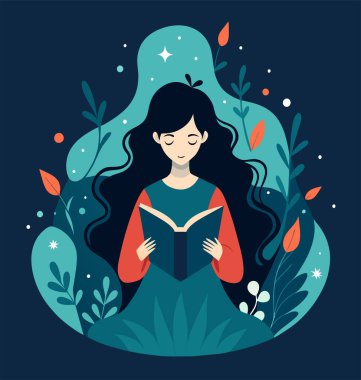 Genç bir kadın, çiçek, yaprak ve bitkileri çevreleyen açık bir kitap açıyor. Okula dönmek, kütüphane tasarımı. Vektör illüstrasyonu, poster ve afiş kitabı festivali konsepti