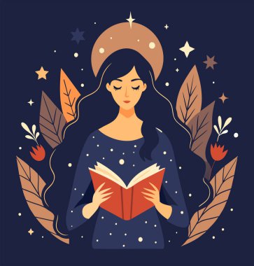 Genç bir kadın, çiçek, yaprak ve bitkileri çevreleyen açık bir kitap açıyor. Okula dönmek, kütüphane tasarımı. Vektör illüstrasyonu, poster ve afiş kitabı festivali konsepti