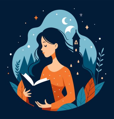 Genç bir kadın, çiçek, yaprak ve bitkileri çevreleyen açık bir kitap açıyor. Okula dönmek, kütüphane tasarımı. Vektör illüstrasyonu, poster ve afiş kitabı festivali konsepti