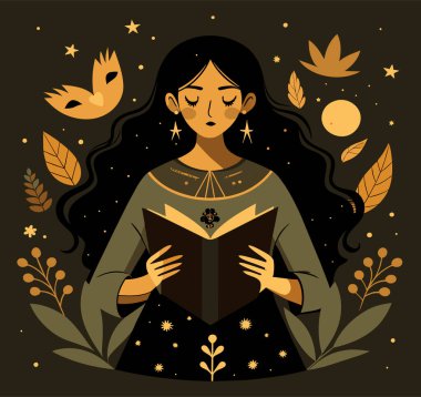 Genç bir kadın, çiçek, yaprak ve bitkileri çevreleyen açık bir kitap açıyor. Okula dönmek, kütüphane tasarımı. Vektör illüstrasyonu, poster ve afiş kitabı festivali konsepti