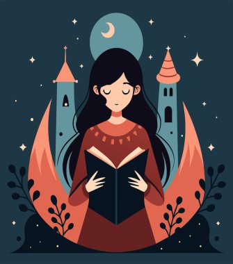 Genç bir kadın, çiçek, yaprak ve bitkileri çevreleyen açık bir kitap açıyor. Okula dönmek, kütüphane tasarımı. Vektör illüstrasyonu, poster ve afiş kitabı festivali konsepti