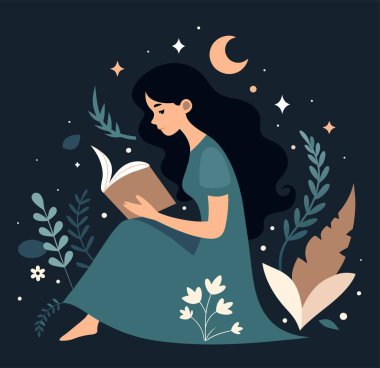 Genç bir kadın, çiçek, yaprak ve bitkileri çevreleyen açık bir kitap açıyor. Okula dönmek, kütüphane tasarımı. Vektör illüstrasyonu, poster ve afiş kitabı festivali konsepti