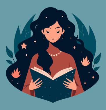 Genç bir kadın, çiçek, yaprak ve bitkileri çevreleyen açık bir kitap açıyor. Okula dönmek, kütüphane tasarımı. Vektör illüstrasyonu, poster ve afiş kitabı festivali konsepti