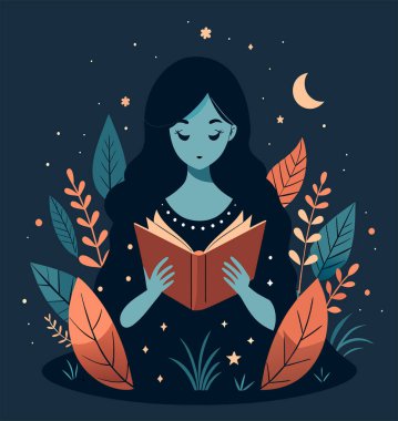 Genç bir kadın, çiçek, yaprak ve bitkileri çevreleyen açık bir kitap açıyor. Okula dönmek, kütüphane tasarımı. Vektör illüstrasyonu, poster ve afiş kitabı festivali konsepti