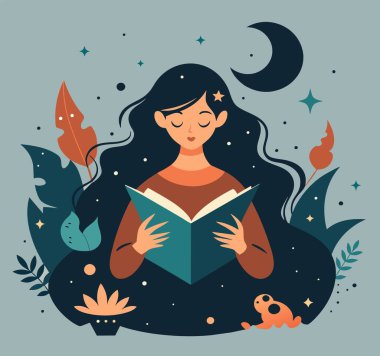 Genç bir kadın, çiçek, yaprak ve bitkileri çevreleyen açık bir kitap açıyor. Okula dönmek, kütüphane tasarımı. Vektör illüstrasyonu, poster ve afiş kitabı festivali konsepti