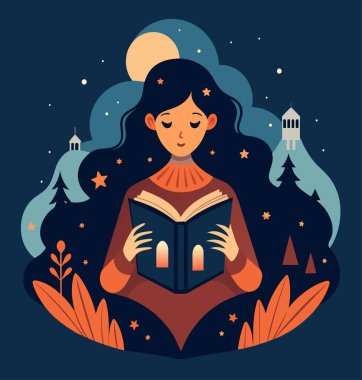 Genç bir kadın, çiçek, yaprak ve bitkileri çevreleyen açık bir kitap açıyor. Okula dönmek, kütüphane tasarımı. Vektör illüstrasyonu, poster ve afiş kitabı festivali konsepti