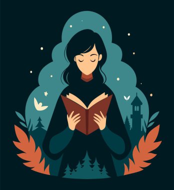 Genç bir kadın, çiçek, yaprak ve bitkileri çevreleyen açık bir kitap açıyor. Okula dönmek, kütüphane tasarımı. Vektör illüstrasyonu, poster ve afiş kitabı festivali konsepti