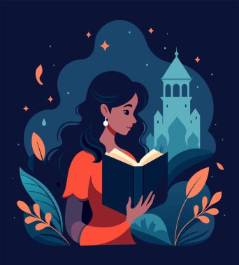 Genç bir kadın, çiçek, yaprak ve bitkileri çevreleyen açık bir kitap açıyor. Okula dönmek, kütüphane tasarımı. Vektör illüstrasyonu, poster ve afiş kitabı festivali konsepti