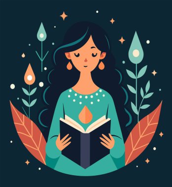 Genç bir kadın, çiçek, yaprak ve bitkileri çevreleyen açık bir kitap açıyor. Okula dönmek, kütüphane tasarımı. Vektör illüstrasyonu, poster ve afiş kitabı festivali konsepti