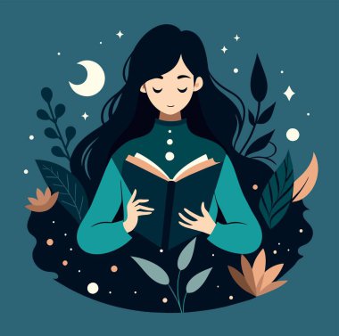 Genç bir kadın, çiçek, yaprak ve bitkileri çevreleyen açık bir kitap açıyor. Okula dönmek, kütüphane tasarımı. Vektör illüstrasyonu, poster ve afiş kitabı festivali konsepti