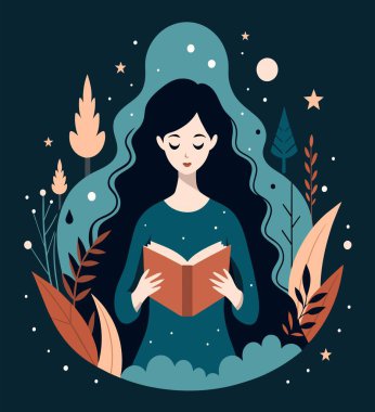 Genç bir kadın, çiçek, yaprak ve bitkileri çevreleyen açık bir kitap açıyor. Okula dönmek, kütüphane tasarımı. Vektör illüstrasyonu, poster ve afiş kitabı festivali konsepti