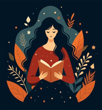 Genç bir kadın, çiçek, yaprak ve bitkileri çevreleyen açık bir kitap açıyor. Okula dönmek, kütüphane tasarımı. Vektör illüstrasyonu, poster ve afiş kitabı festivali konsepti