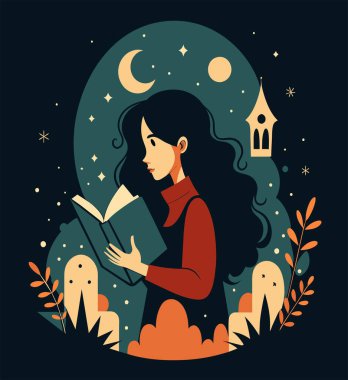 Genç bir kadın, çiçek, yaprak ve bitkileri çevreleyen açık bir kitap açıyor. Okula dönmek, kütüphane tasarımı. Vektör illüstrasyonu, poster ve afiş kitabı festivali konsepti