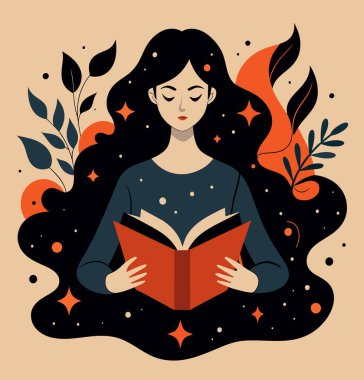 Genç bir kadın, çiçek, yaprak ve bitkileri çevreleyen açık bir kitap açıyor. Okula dönmek, kütüphane tasarımı. Vektör illüstrasyonu, poster ve afiş kitabı festivali konsepti