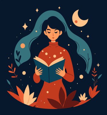 Genç bir kadın, çiçek, yaprak ve bitkileri çevreleyen açık bir kitap açıyor. Okula dönmek, kütüphane tasarımı. Vektör illüstrasyonu, poster ve afiş kitabı festivali konsepti