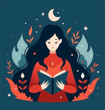 Genç bir kadın, çiçek, yaprak ve bitkileri çevreleyen açık bir kitap açıyor. Okula dönmek, kütüphane tasarımı. Vektör illüstrasyonu, poster ve afiş kitabı festivali konsepti