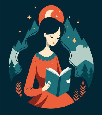 Genç bir kadın, çiçek, yaprak ve bitkileri çevreleyen açık bir kitap açıyor. Okula dönmek, kütüphane tasarımı. Vektör illüstrasyonu, poster ve afiş kitabı festivali konsepti