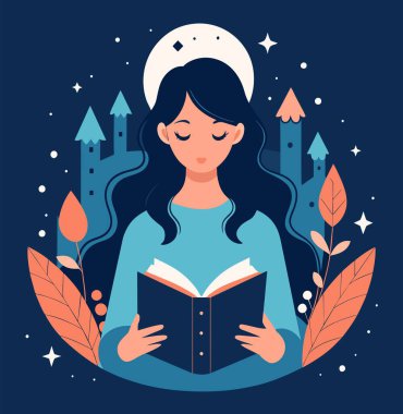 Genç bir kadın, çiçek, yaprak ve bitkileri çevreleyen açık bir kitap açıyor. Okula dönmek, kütüphane tasarımı. Vektör illüstrasyonu, poster ve afiş kitabı festivali konsepti