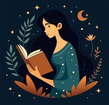 Genç bir kadın, çiçek, yaprak ve bitkileri çevreleyen açık bir kitap açıyor. Okula dönmek, kütüphane tasarımı. Vektör illüstrasyonu, poster ve afiş kitabı festivali konsepti