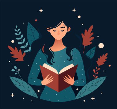 Genç bir kadın, çiçek, yaprak ve bitkileri çevreleyen açık bir kitap açıyor. Okula dönmek, kütüphane tasarımı. Vektör illüstrasyonu, poster ve afiş kitabı festivali konsepti