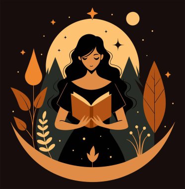 Genç bir kadın, çiçek, yaprak ve bitkileri çevreleyen açık bir kitap açıyor. Okula dönmek, kütüphane tasarımı. Vektör illüstrasyonu, poster ve afiş kitabı festivali konsepti