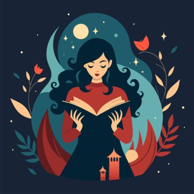 Genç bir kadın, çiçek, yaprak ve bitkileri çevreleyen açık bir kitap açıyor. Okula dönmek, kütüphane tasarımı. Vektör illüstrasyonu, poster ve afiş kitabı festivali konsepti