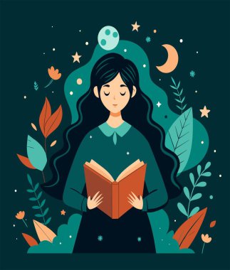 Genç bir kadın, çiçek, yaprak ve bitkileri çevreleyen açık bir kitap açıyor. Okula dönmek, kütüphane tasarımı. Vektör illüstrasyonu, poster ve afiş kitabı festivali konsepti