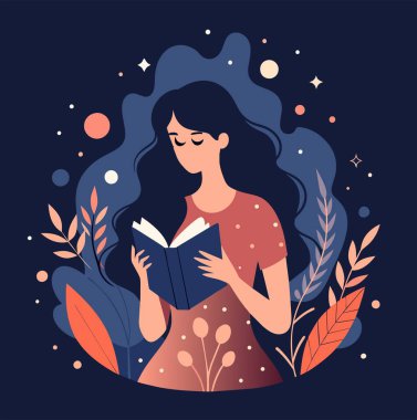 Genç bir kadın, çiçek, yaprak ve bitkileri çevreleyen açık bir kitap açıyor. Okula dönmek, kütüphane tasarımı. Vektör illüstrasyonu, poster ve afiş kitabı festivali konsepti