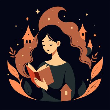 Genç bir kadın, çiçek, yaprak ve bitkileri çevreleyen açık bir kitap açıyor. Okula dönmek, kütüphane tasarımı. Vektör illüstrasyonu, poster ve afiş kitabı festivali konsepti