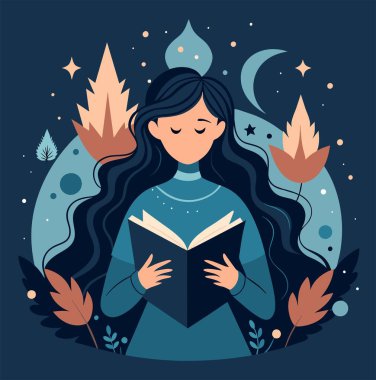 Genç bir kadın, çiçek, yaprak ve bitkileri çevreleyen açık bir kitap açıyor. Okula dönmek, kütüphane tasarımı. Vektör illüstrasyonu, poster ve afiş kitabı festivali konsepti