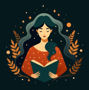 Genç bir kadın, çiçek, yaprak ve bitkileri çevreleyen açık bir kitap açıyor. Okula dönmek, kütüphane tasarımı. Vektör illüstrasyonu, poster ve afiş kitabı festivali konsepti