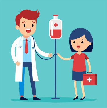 Kan Bağışı Günü. Kan bağışı plastik poşet düz stil. Kan bağışı konsepti. Tıbbi geçmişi var. Vektör illüstrasyonu.