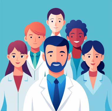 Vektör illüstrasyonu, fotokopi alanı, tıbbi sağlık ekibi, farklı etnik geçmişe sahip doktorlar, cerrah kıyafetleri, sağlık hizmetleri, ilaçlar...