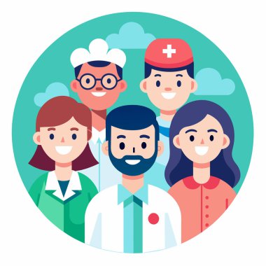 Vektör illüstrasyonu, fotokopi alanı, tıbbi sağlık ekibi, farklı etnik geçmişe sahip doktorlar, cerrah kıyafetleri, sağlık hizmetleri, ilaçlar...