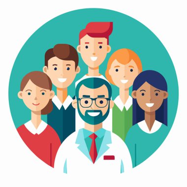 Vektör illüstrasyonu, fotokopi alanı, tıbbi sağlık ekibi, farklı etnik geçmişe sahip doktorlar, cerrah kıyafetleri, sağlık hizmetleri, ilaçlar...