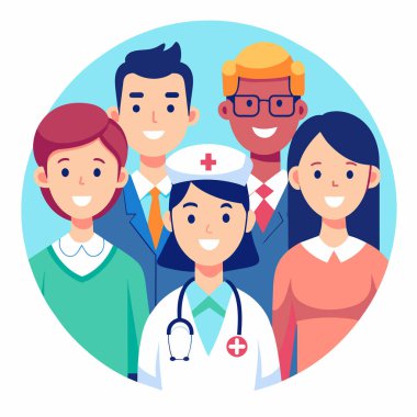 Vektör illüstrasyonu, fotokopi alanı, tıbbi sağlık ekibi, farklı etnik geçmişe sahip doktorlar, cerrah kıyafetleri, sağlık hizmetleri, ilaçlar...