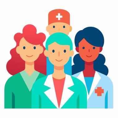 Vektör illüstrasyonu, fotokopi alanı, tıbbi sağlık ekibi, farklı etnik geçmişe sahip doktorlar, cerrah kıyafetleri, sağlık hizmetleri, ilaçlar...