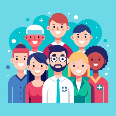 Vektör illüstrasyonu, fotokopi alanı, tıbbi sağlık ekibi, farklı etnik geçmişe sahip doktorlar, cerrah kıyafetleri, sağlık hizmetleri, ilaçlar...