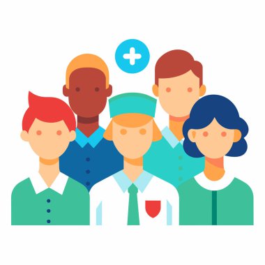 Vektör illüstrasyonu, fotokopi alanı, tıbbi sağlık ekibi, farklı etnik geçmişe sahip doktorlar, cerrah kıyafetleri, sağlık hizmetleri, ilaçlar...