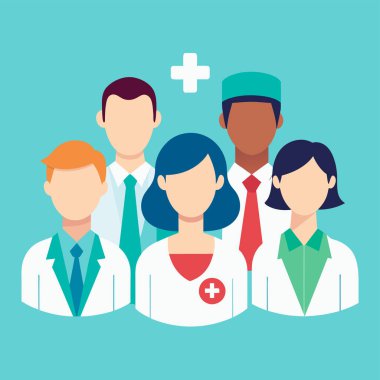 Vektör illüstrasyonu, fotokopi alanı, tıbbi sağlık ekibi, farklı etnik geçmişe sahip doktorlar, cerrah kıyafetleri, sağlık hizmetleri, ilaçlar...