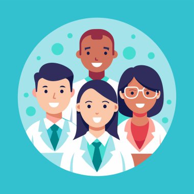 Vektör illüstrasyonu, fotokopi alanı, tıbbi sağlık ekibi, farklı etnik geçmişe sahip doktorlar, cerrah kıyafetleri, sağlık hizmetleri, ilaçlar...