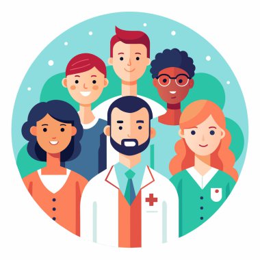 Vektör illüstrasyonu, fotokopi alanı, tıbbi sağlık ekibi, farklı etnik geçmişe sahip doktorlar, cerrah kıyafetleri, sağlık hizmetleri, ilaçlar...