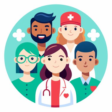 Vektör illüstrasyonu, fotokopi alanı, tıbbi sağlık ekibi, farklı etnik geçmişe sahip doktorlar, cerrah kıyafetleri, sağlık hizmetleri, ilaçlar...