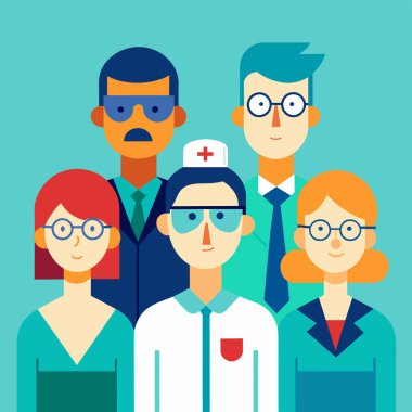 Vektör illüstrasyonu, fotokopi alanı, tıbbi sağlık ekibi, farklı etnik geçmişe sahip doktorlar, cerrah kıyafetleri, sağlık hizmetleri, ilaçlar...